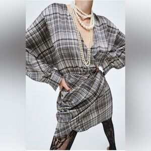 Zara dress plaid satin effect , long sleeve